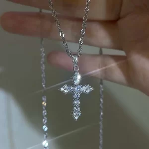 Crystal Zircon Cross Thin Chain Pendant Necklace