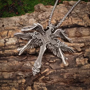 Men’s Retro Holy Angel Six-Wings Cross Pendant Necklace