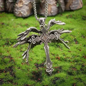 Men’s Retro Holy Angel Six-Wings Cross Pendant Necklace