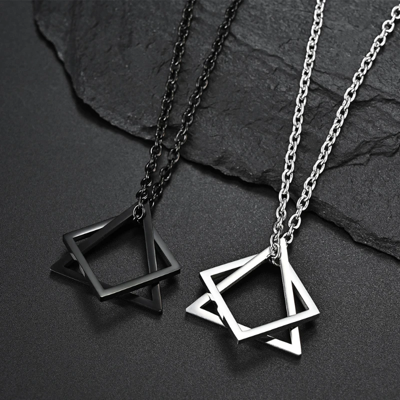 Stainless Steel Interlocking Square Triangle Pendant Necklace