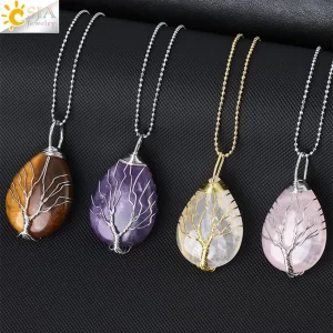 Tree of Life Crystals Water Drop Natural Stone Pendant Necklace Amulet