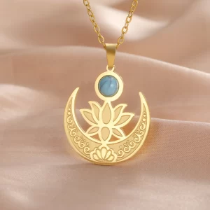 Lotus Flower Crescent Moon Turquoise Necklace Amulet